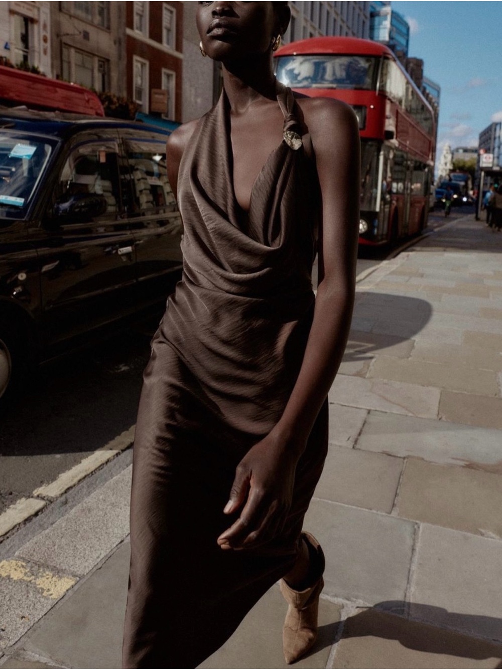 Zara brown satin effect Halter Midi Dress in Chocolate Brown with gold detailing